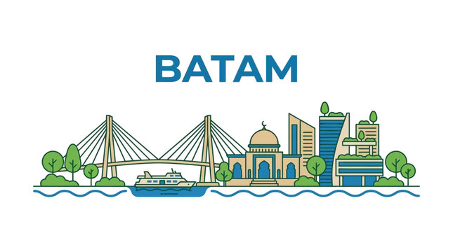 Batam city skyline with Barelang Bridge vector illustration