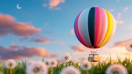 Fototapeta premium Colorful hot air balloon floating above dandelion flowers in a serene sunset landscape with fluffy clouds and a blue sky