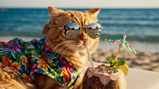 Funny ginger cat wearing sunglasses and tropical shirt, relaxing on beach lounger with coconut cocktail. Playful summer vacation concept