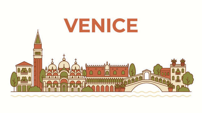 Venice city skyline with famous landmarks vector illustration