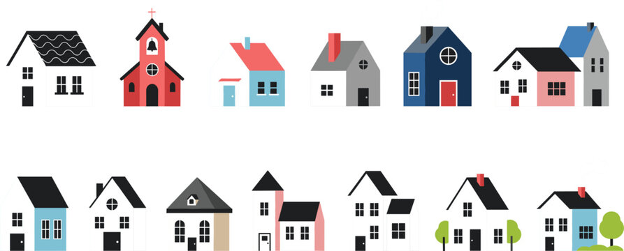 Set of minimalist flat design house icons and small church building isolated on grey background for real estate and neighborhood maps