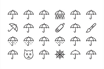 Umbrella And Rain Weather Icons In Minimal Black Line Style