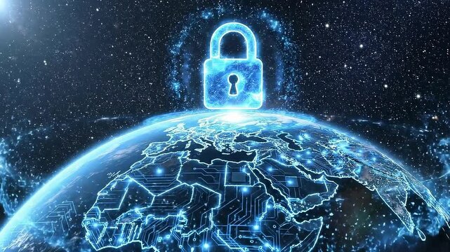 Global cybersecurity concept with glowing lock over digital earth map