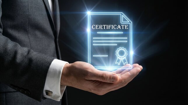 Digital certificate hologram for professional achievement and online course completion. Businessman holding glowing diploma icon for career growth, success and verified qualification.