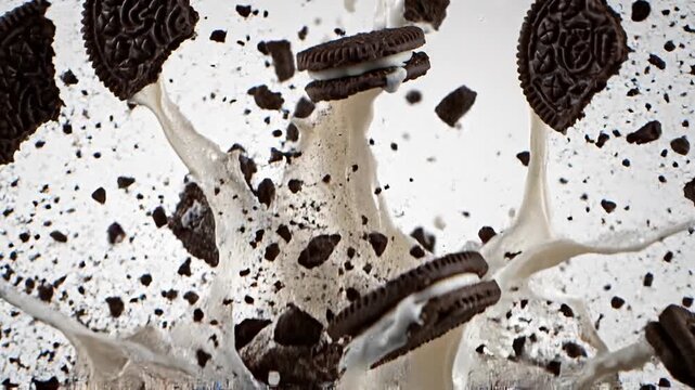 Exploding Oreo Cookies with White Cream Filling in Midair on White Background