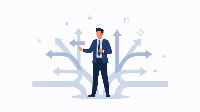 Businessman at crossroads choosing direction, decision making, strategy, career path