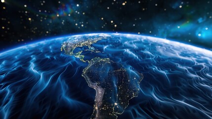 Obraz premium Stunning View of Earth from Space with Vibrant Atmosphere and Twinkling Stars in Cosmic Background