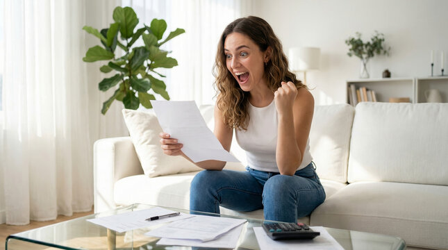 Tax refund check envelope joy on couch, happy woman reading finance letter