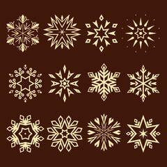 Snowflakes vector icon collection. Graphic modern golden and brown ornament