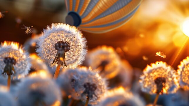 Glowing Dandelions in Field with Hot Air Balloon at Sunrise Capturing Nature's Serenity and Beauty