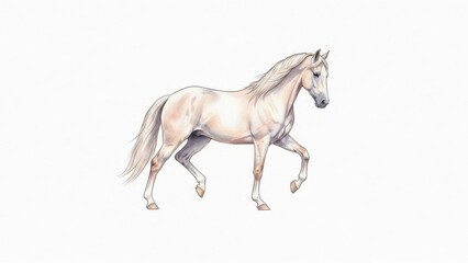 Running white horse, isolated on white background with copy space