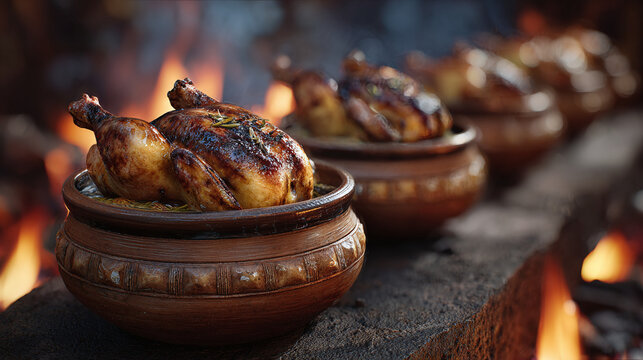 Delicious roasted chicken in clay pots, ready to be served