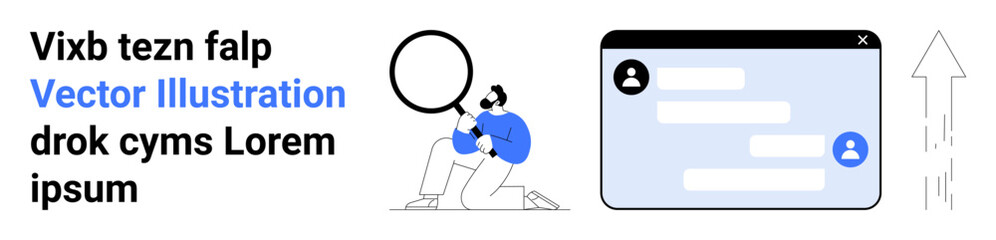 Obraz premium Data analysis, online communication, user interface design, business solutions, technology, problem-solving. Person holding magnifying glass, chat screen upward arrow. Data analysis and online