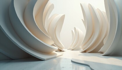 Abstract white architectural sculpture with smooth curved forms illuminated by soft natural light on a bright reflective surface