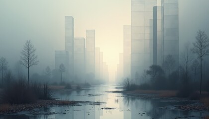 Misty Futuristic Cityscape With Tall Glass Buildings Reflecting Soft Sunlight Over Calm Water And Bare Trees Evoking A Serene And