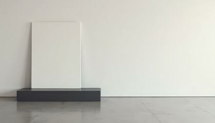 Minimalist Interior Scene A Blank White Canvas Stands On A Dark Pedestal Against A White Wall With A Polished Concrete Floor