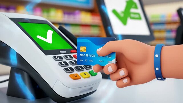Hand using NFC payment at a store checkout