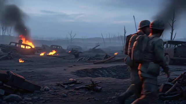soldiers walking away from a battlefield with smoke and fire in the background, symbolizing conflict, aftermath, and uncertainty