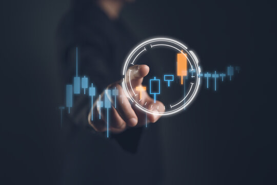 Financial market analysis concept with digital candlestick chart and interactive interface