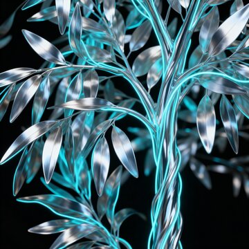 Rare Silver Tree with shimmering lance-shaped leaves in glowing silver and cyan neon-line art on a black background for elegant nature design.