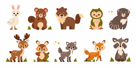 Fototapeta premium Cartoon illustration of various adorable forest animals in a row