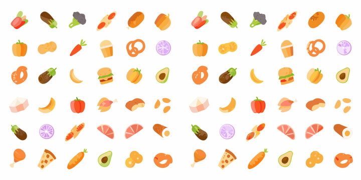 A colorful arrangement of various food items and illustrated icons