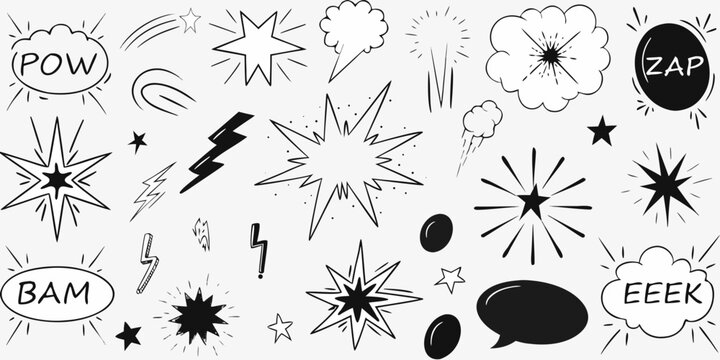 Comic book style explosion and sound effect elements in black and white