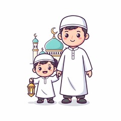 Cute Muslim Father and Son Holding Hands in Front of Mosque Illustration