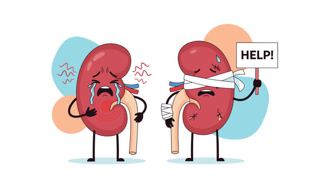 Sad kidney cartoon characters experiencing pain and asking for help with a sign to represent renal failure and disease symptoms.