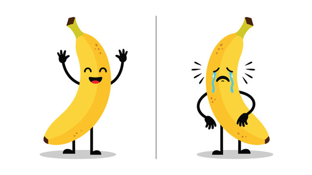 Two yellow banana characters showing contrasting emotions of happy waving and sad crying on a white background.