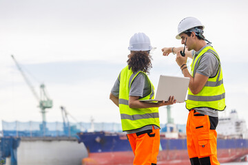 Logistics engineers coordinating port operations using laptop and walkie talkie, Industrial workers discussing shipping plans at harbor with cargo ship in background