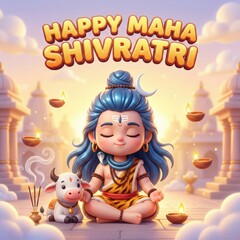 Naklejka premium Happy Maha Shivratri celebration with Lord Shiva cartoon character meditating in golden temple with calf and oil lamps
