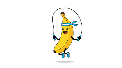 Fototapeta premium Energetic yellow banana cartoon character jump roping with a blue headband to promote healthy exercise and active lifestyle habits.