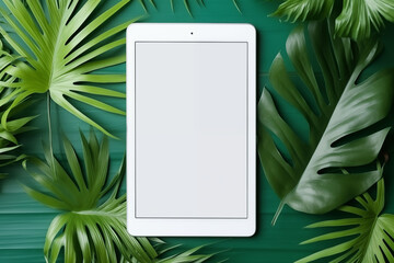 A simple, flat desk with an empty screen and related equipment.