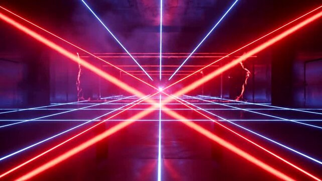 Futuristic laser light installation creating vibrant patterns in a dark space