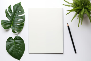 A simple workspace scene, neatly arranged with pens and paper, creating a light and airy feel.