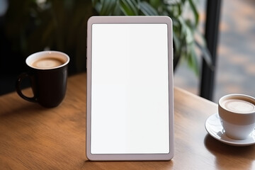 A simple, flat desk with an empty screen and related equipment.