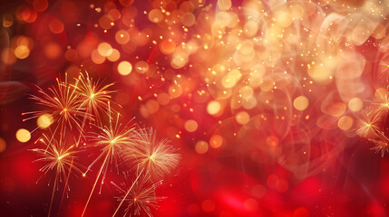 Fototapeta premium Festive red and gold abstract background featuring glowing bokeh lights, golden fireworks, and soft light trails