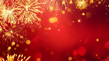 Festive red and gold abstract background featuring glowing bokeh lights, golden fireworks, and soft light trails