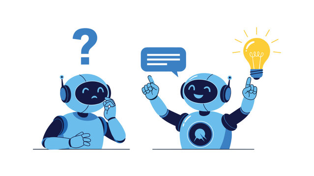 Confused blue robot character with a question mark next to an intelligent bot with a speech bubble and a glowing idea light bulb.
