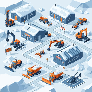 Isometric illustration of construction site with machinery and buildings in snowy landscape.