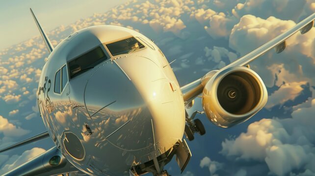 Close-up, dynamic shot of an airplane's cockpit and fuselage flying through clouds at sunset, emphasizing the experience of flight.