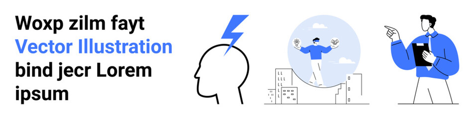 Innovation, human potential, guidance, business strategy, creativity, progress. Human head silhouette with lightning, figure balancing over buildings person gesturing. Innovation and human potential