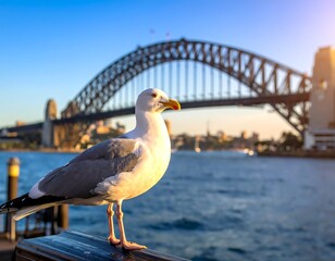 Bird perches with bridge backdrop over water. Sunny day