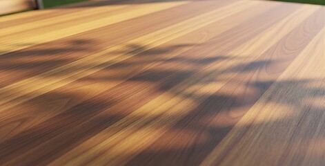 Polished Teak Wood Table with Warm Sunset Leaf Shadows