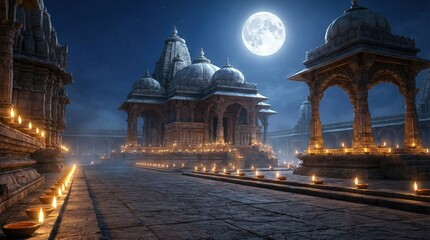 Obraz premium Ancient temple illuminated under full moon night with mystical fog and warm lantern lights fantasy scene