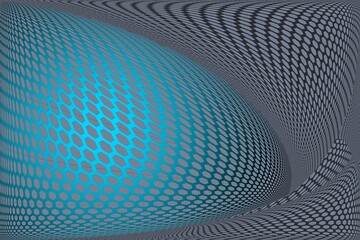 Abstract blue hexagon grid pattern with warped geometric perspective background.