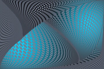 Abstract blue hexagon grid pattern with warped geometric perspective background.