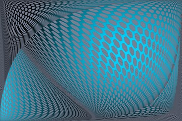 Abstract blue hexagon grid pattern with warped geometric perspective background.