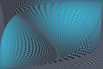 Abstract blue hexagon grid pattern with warped geometric perspective background.